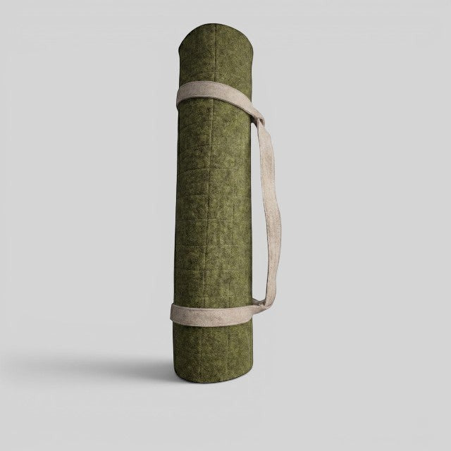 Baabuk khaki felted wool yoga mat rolled up with a cotton carrying strap against a light grey background