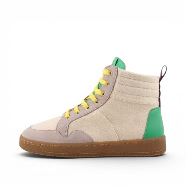 Baabuk Lakeside Wooler high-top sneaker in beige wool with green accents, yellow laces, and a gum rubber sole.