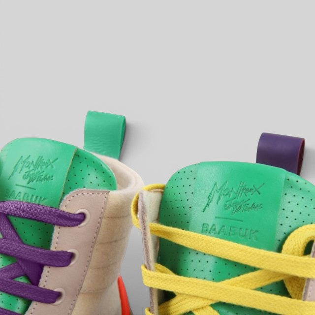 Baabuk Lakeside Wooler sneakers featuring green leather tongues with Montreux Jazz Festival branding and wool uppers