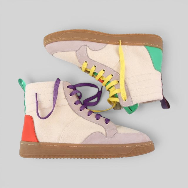Baabuk Lakeside Wooler high-top sneakers in cream wool with colorful accents, rubber soles, and multi-colored laces.