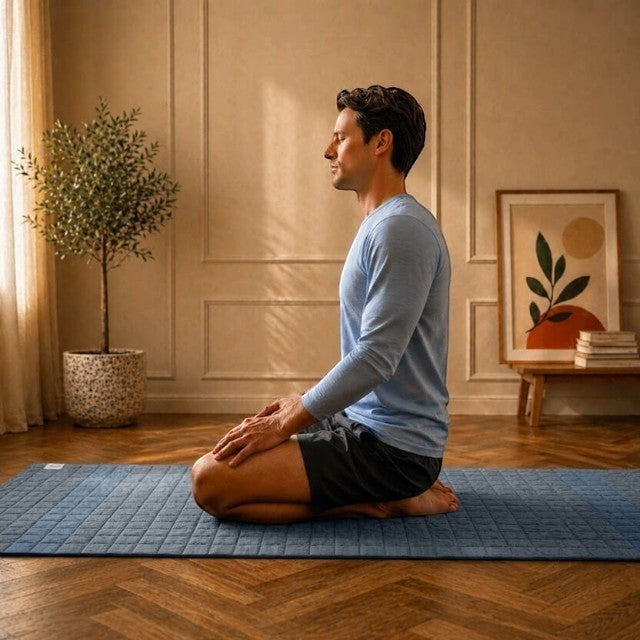 Man meditating on a Baabuk light blue felted wool yoga mat with cotton stitching in a minimalist living room