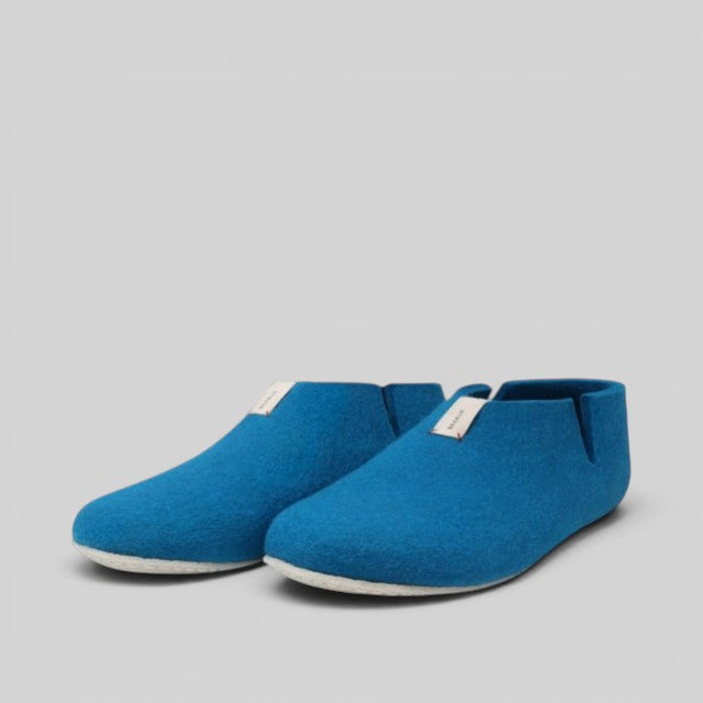 Baabuk Lisa azur blue wool slippers with natural crepe rubber soles and slip-on design