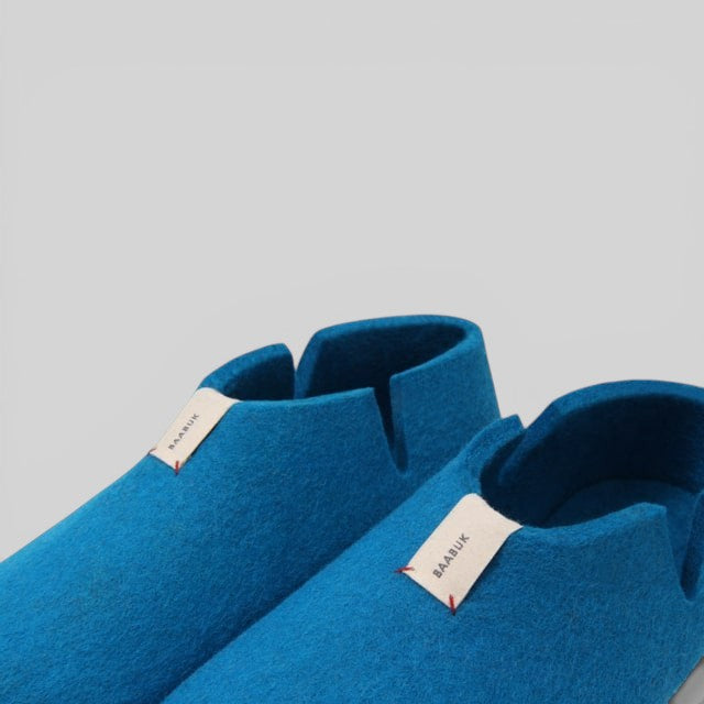 Baabuk Lisa slippers in azur blue felted wool with slip-on design and branded pull tabs