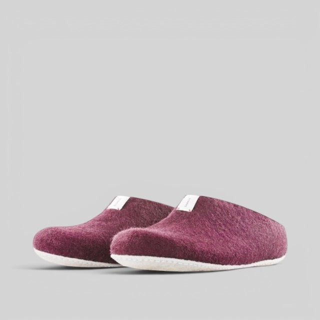 Baabuk Mel bordeaux wool slippers with natural crepe rubber soles, handmade in Nepal from New Zealand wool.