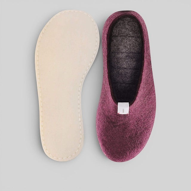 Baabuk Mel bordeaux wool slippers with natural crepe rubber soles, handmade in Nepal from New Zealand wool.