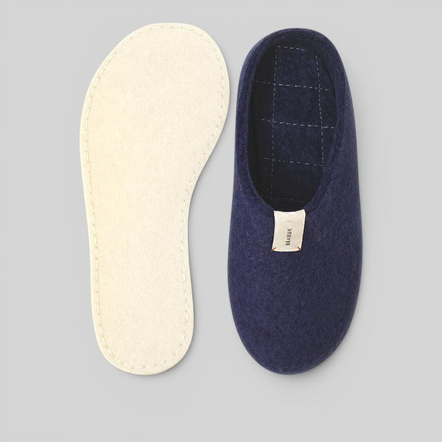Baabuk Mel purple wool slippers with a removable natural wool insole, handmade in Nepal with crepe rubber soles.