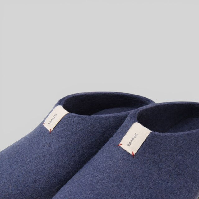 Baabuk Mel purple wool slippers with natural crepe rubber soles and branded fabric tab detail