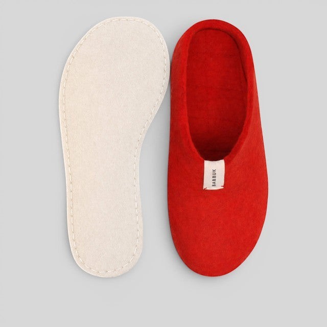 Baabuk Mel salsa red wool slippers with natural crepe rubber soles and removable wool insoles.