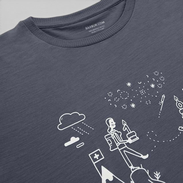 Baabuk dark grey 100% merino wool T-shirt featuring a white Swiss-themed anniversary illustration by Jamie Aspinal.