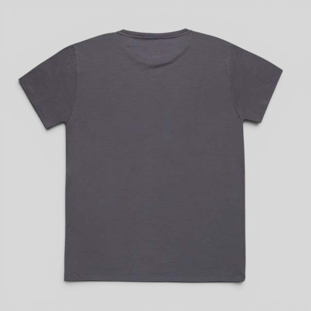 Back view of a dark grey Baabuk 10 Year Anniversary T-shirt made from 100% merino wool.