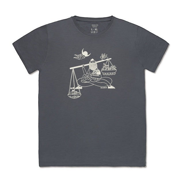 Baabuk dark grey 100% merino wool T-shirt featuring a white Nepalese-inspired illustration by Shraddha Shrestha.