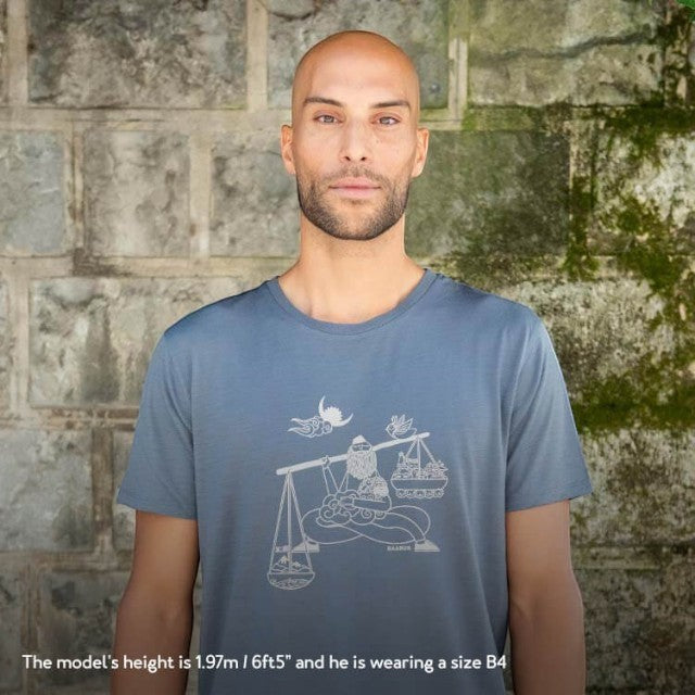 Baabuk dark grey merino wool t-shirt featuring a white Nepal-inspired illustration by artist Shraddha Shrestha.