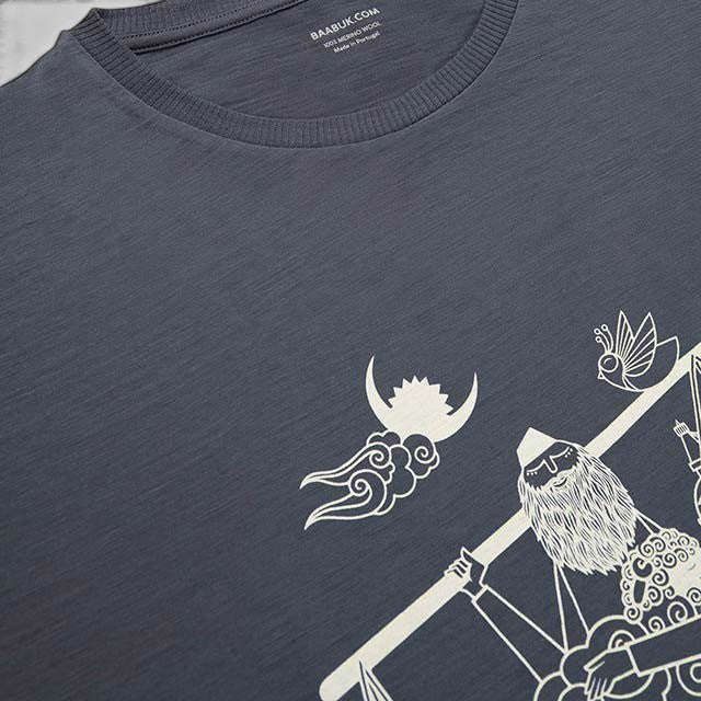 Baabuk dark grey 100% merino wool t-shirt with a white graphic illustration by artist Shraddha Shrestha.