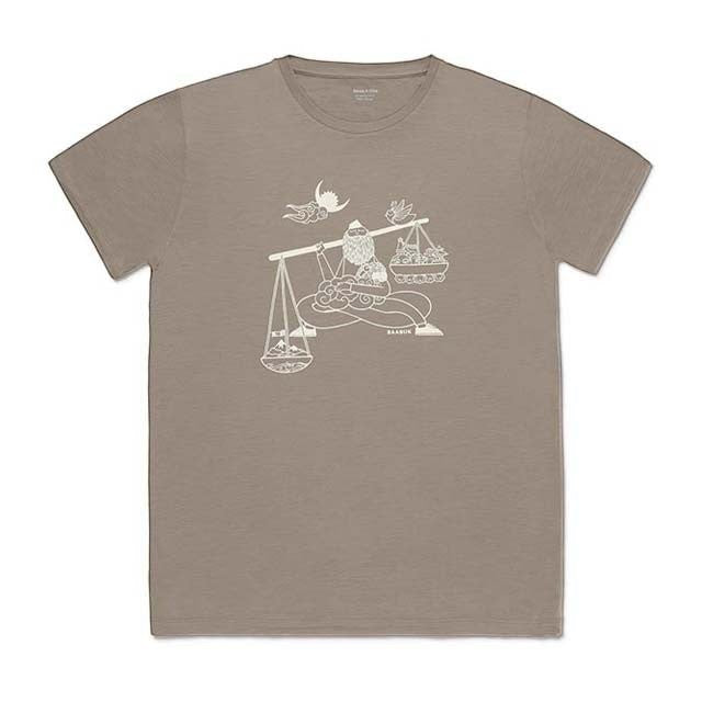 Baabuk 10-year anniversary T-shirt in khaki merino wool with a white graphic illustration by Shraddha Shrestha.