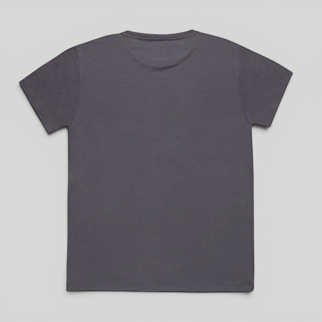 Back view of a dark grey Baabuk 10 Year Anniversary T-shirt made from 100% merino wool.