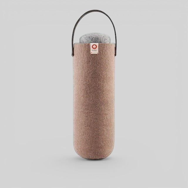 Baabuk moka brown wool wine cooler with a leather handle for portable, ice-free bottle chilling.