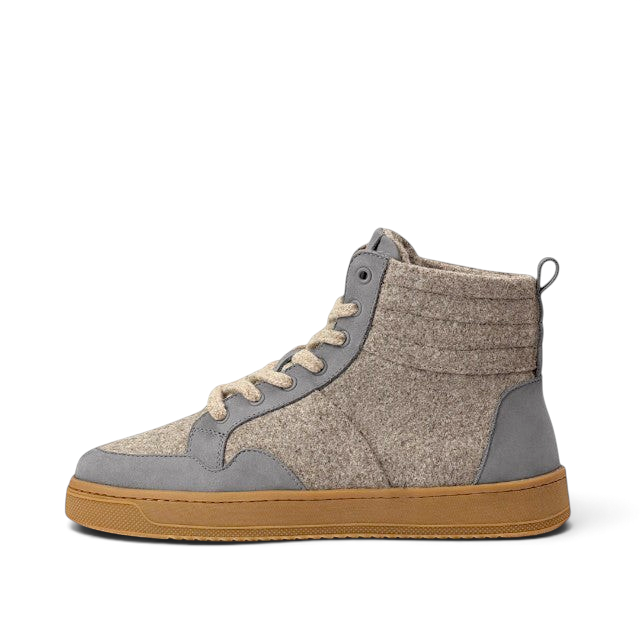 Baabuk Peaks Wooler high-top sneaker in warm grey Pyrenean wool with leather accents and a natural rubber outsole.
