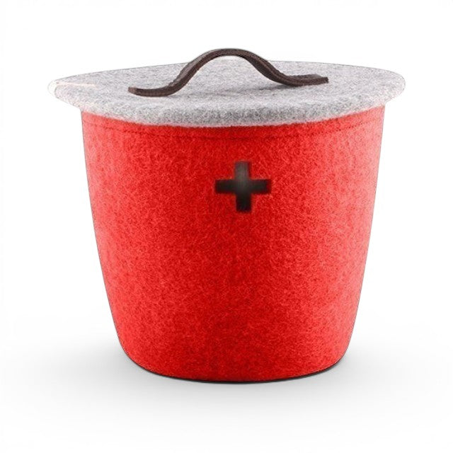 Baabuk Swiss red felted wool basket with a grey lid, leather handle, and a Swiss cross cutout detail.
