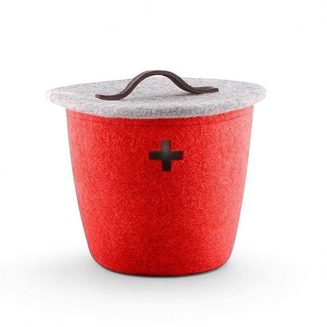 Baabuk small red felted wool basket with a grey lid, leather handle, and Swiss cross cutout detail.