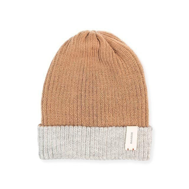 Baabuk reversible camel and grey baby alpaca wool beanie with a ribbed knit texture and branded tag
