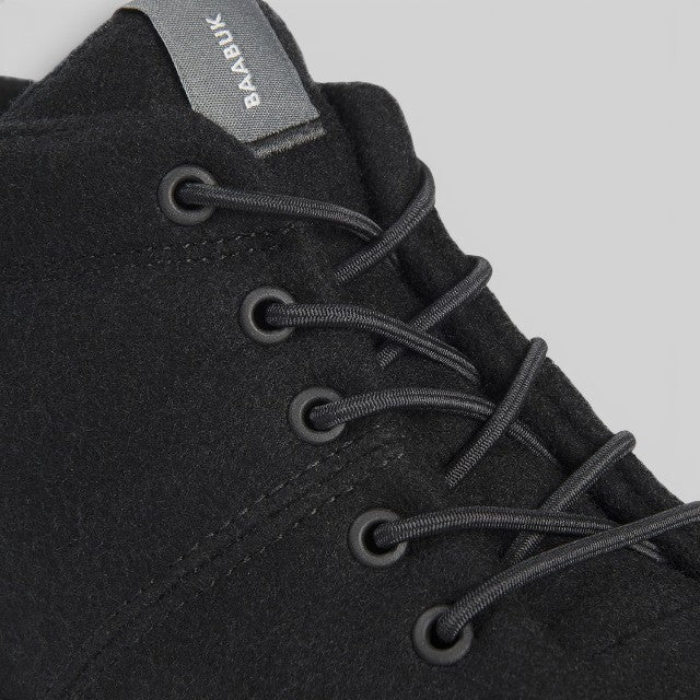 Baabuk Sky Wooler black monochrome wool sneaker with elastic laces and branded tongue tag
