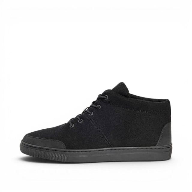Baabuk Sky Wooler black monochrome wool sneaker with nubuck trim and elastic laces, side profile view.