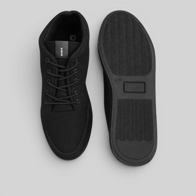 Baabuk Sky Wooler monochrome black wool sneakers with rubber soles shown from top and bottom view
