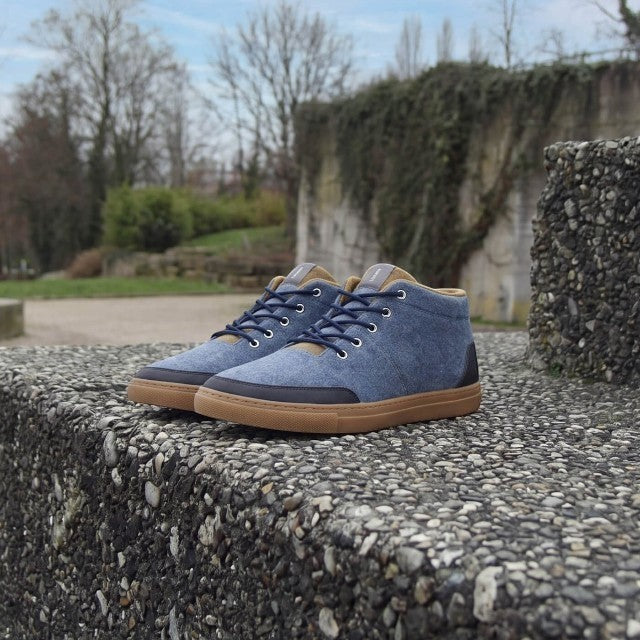 Baabuk Sky Wooler Blue Raisa sneakers featuring blue wool upper, tan nubuck details, and durable rubber soles.