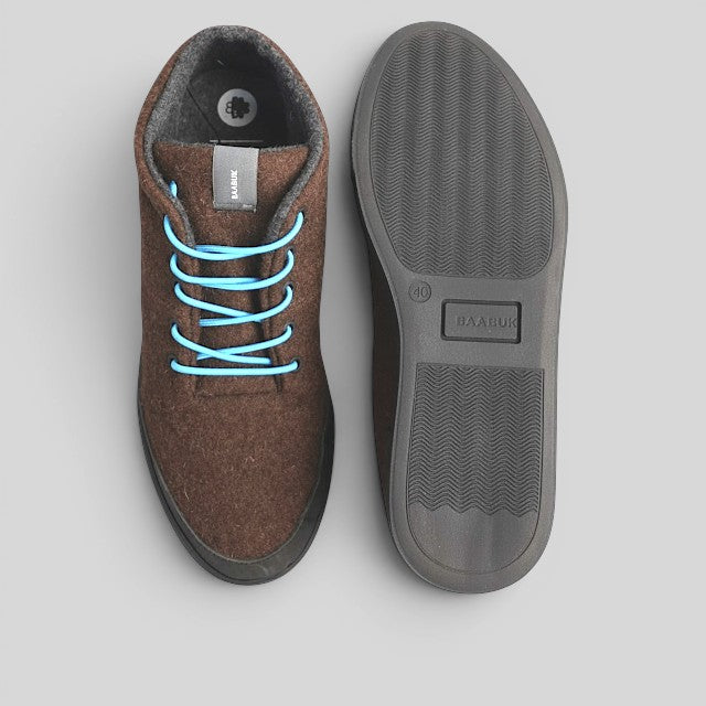 Baabuk Sky Wooler Roux du Valais sneakers in brown wool with bright blue laces and durable black rubber soles
