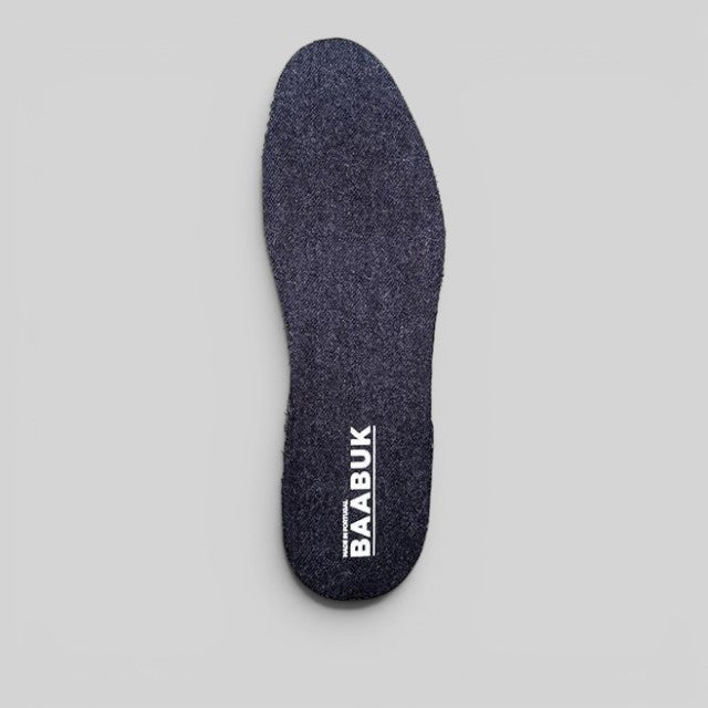 Baabuk SoftWalk sneaker insoles in dark grey wool with shock-absorbing air-flow design and white brand logo.