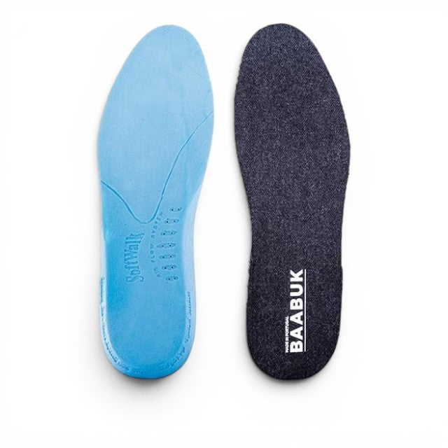 Baabuk SoftWalk sneaker insoles featuring a blue air-flow cushioned side and a dark grey fabric top layer.