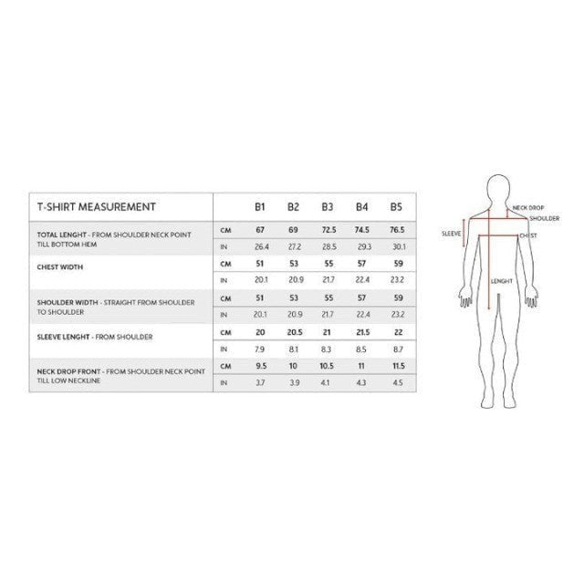 Baabuk T-shirt sizing chart showing measurements for sizes B1 to B5 with a diagram of body points