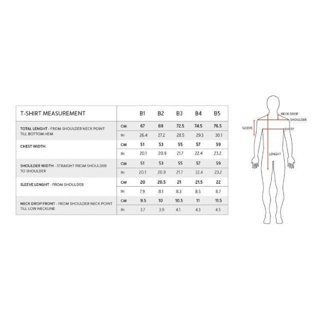 Baabuk 10 Year Anniversary T-shirt sizing chart showing measurements for sizes B1 to B5 in centimeters and inches.