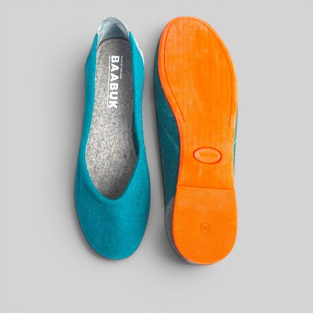 Baabuk teal wool ballerina flats with a vibrant orange rubber sole, shown from top and bottom views.