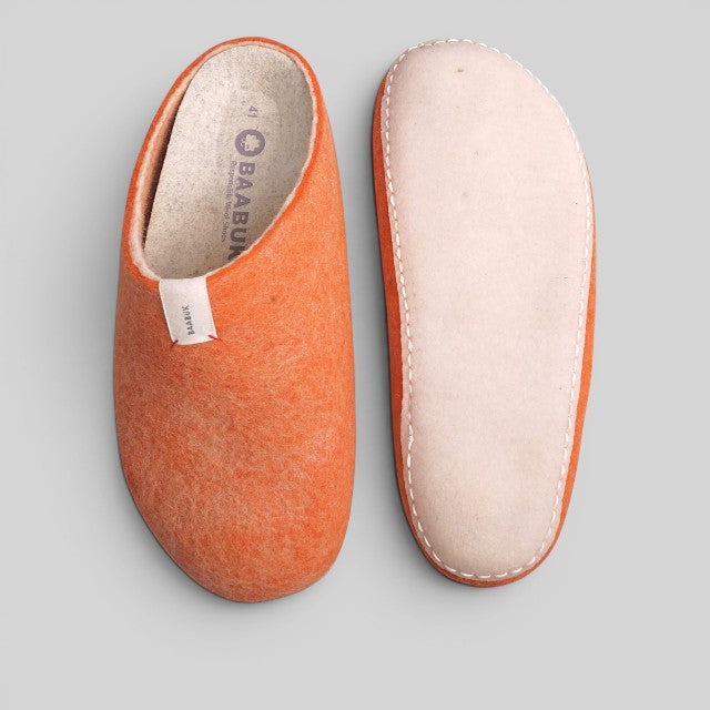 Baabuk Corkybuk terracotta handfelted wool slippers with orthopedic cork soles, shown from top and bottom views.