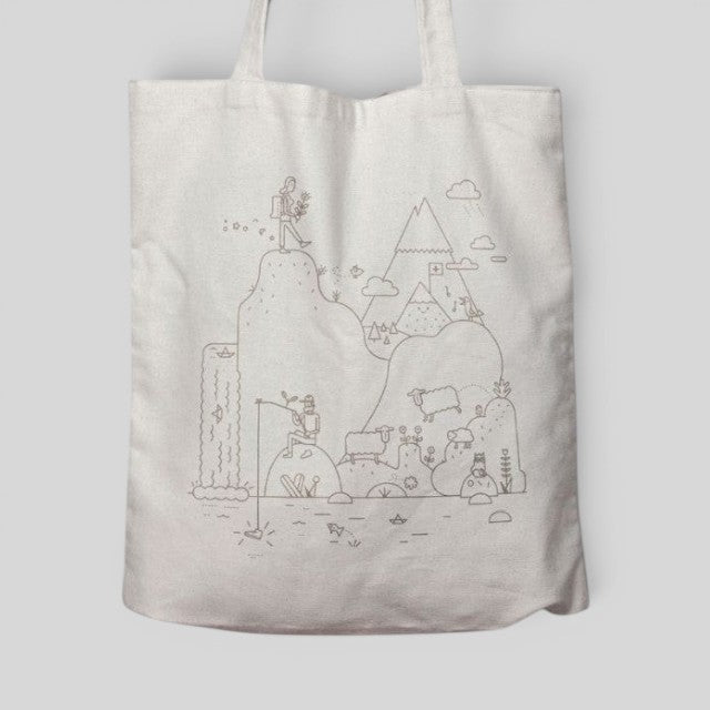 Baabuk cream cotton tote bag featuring a whimsical Swiss-inspired line art illustration of mountains and sheep.