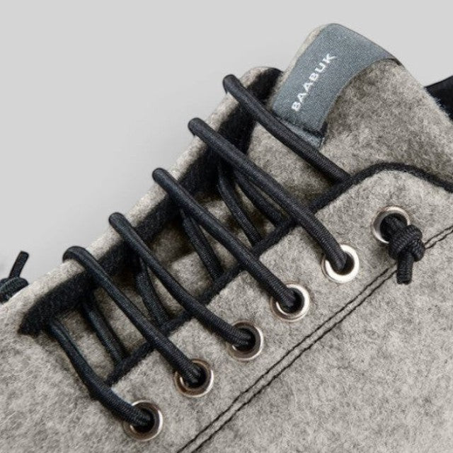 Baabuk Urban Wooler sneaker in pepper black featuring recycled grey wool upper, black elastic laces, and metal eyelets