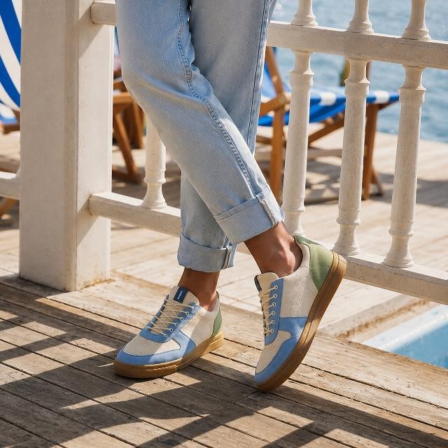 Baabuk Urban Wooler Wonderland sneakers featuring a multi-colored wool upper with blue, cream, and green panels.