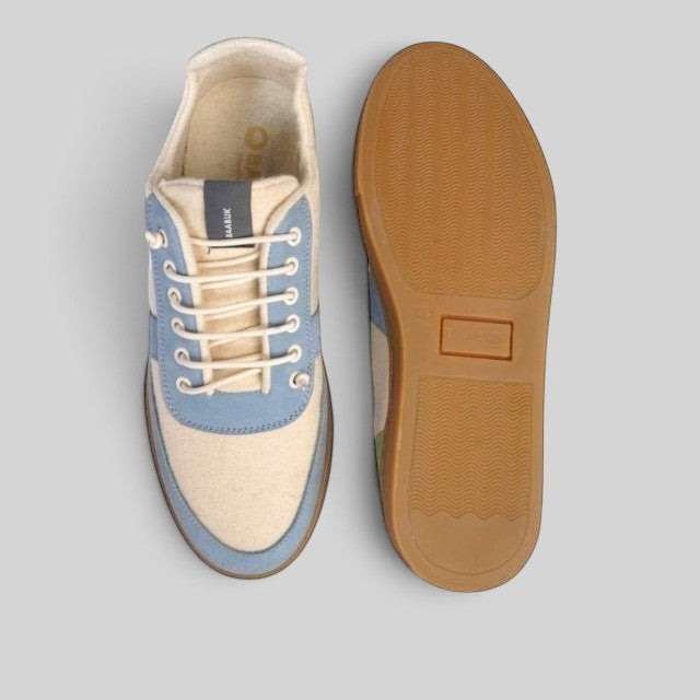 Baabuk Urban Wooler Wonderland sneakers in cream and blue wool with elastic laces and a durable gum rubber sole