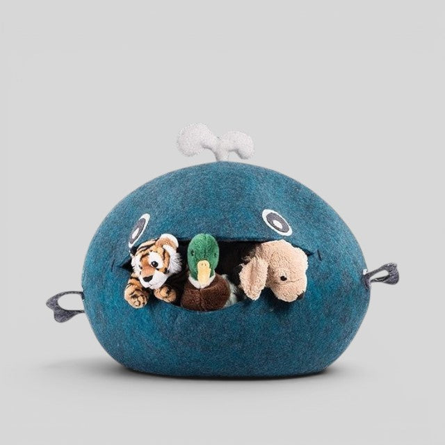 Baabuk Whalebuk blue wool storage whale filled with plush toys, handmade from New Zealand wool with hand-stitched details