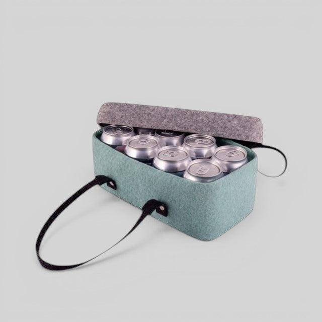 Baabuk light blue wool beer cooler with lid and handles, holding 8 beer cans.