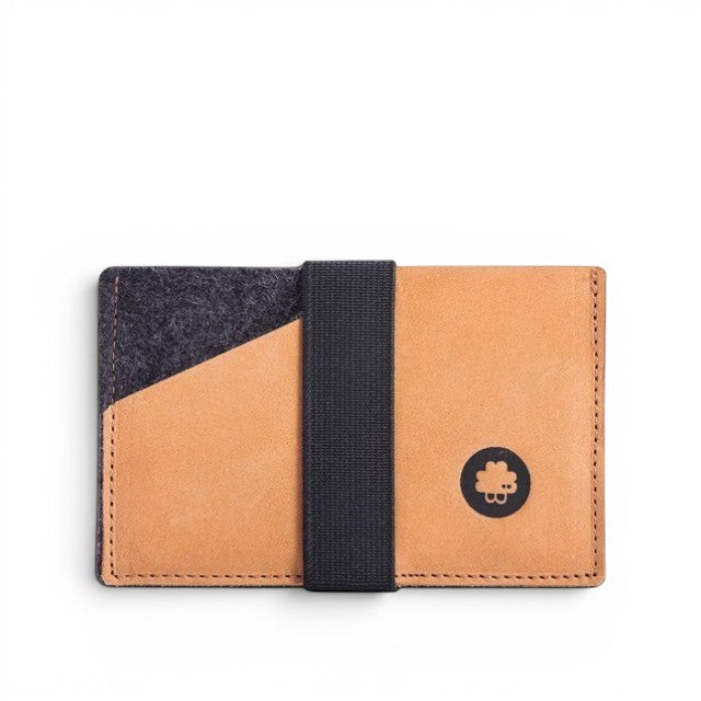 Baabuk slim wallet made of grey wool and tan leather with a black elastic strap and brand logo