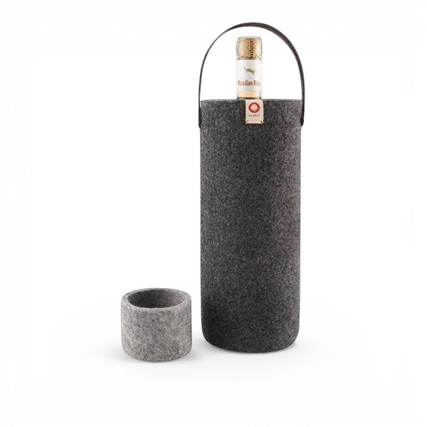 Baabuk dark grey wool wine cooler with a leather strap, keeping a wine bottle chilled for picnics and home use.