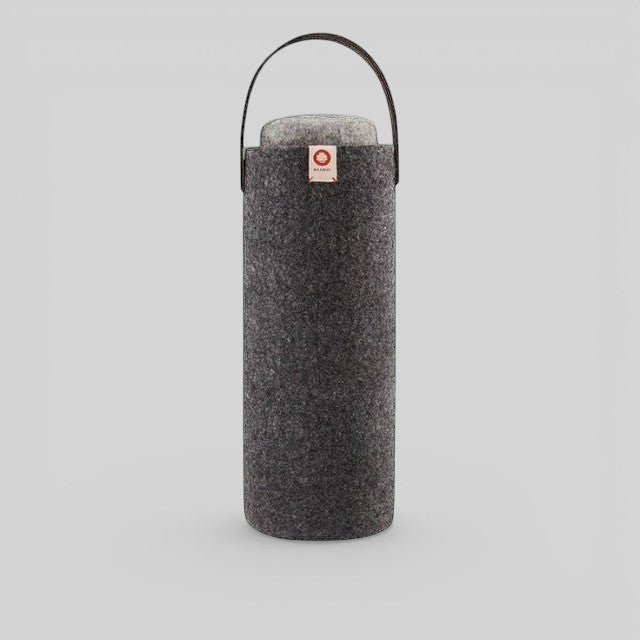 Baabuk dark grey wool wine cooler with a leather carrying strap, designed for eco-friendly bottle insulation.