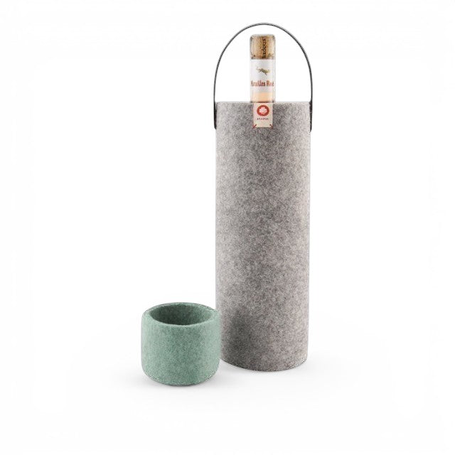 Baabuk light grey wool wine cooler with leather strap and matching green felt cup for portable bottle insulation.