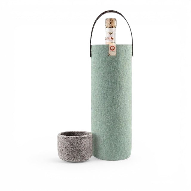 Baabuk turquoise wool wine cooler with a leather strap, designed to keep wine chilled for up to 4 hours.