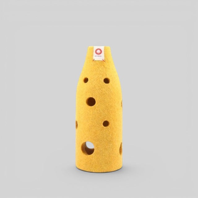 Baabuk yellow wool bottle cover with Swiss cheese hole design for insulated drinkware