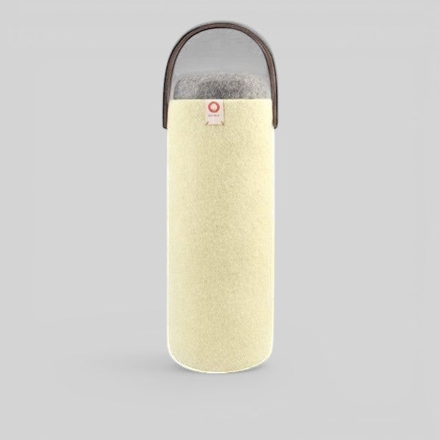 Baabuk yellow wool wine cooler with a brown leather handle, designed for eco-friendly, ice-free bottle insulation.