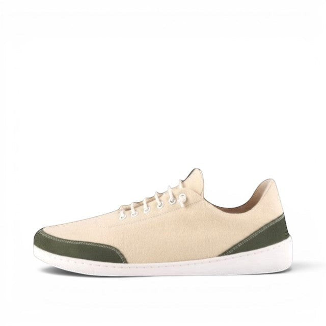 Baabuk Zero Wooler Low barefoot shoe in white wool with green nubuck trim and white rubber sole